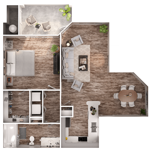 Floor plan for 1 bed, 1 bath, 814 sqft